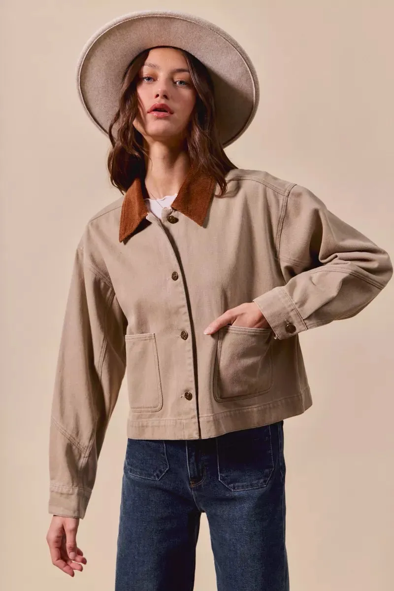 SO ME Cotton Twill Cropped Barn Jacket wtih Collar sold by Charming Charlie