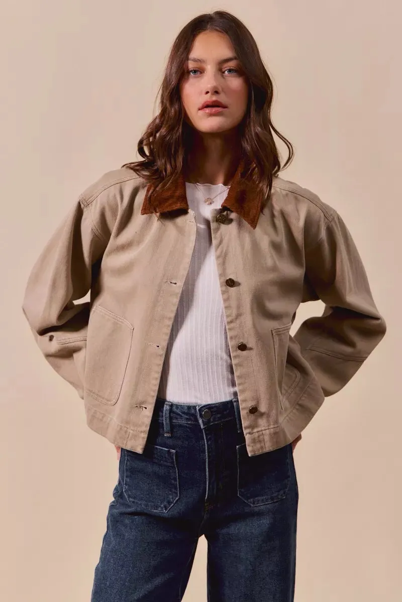 SO ME Cotton Twill Cropped Barn Jacket wtih Collar sold by Charming Charlie product image thumbnail 5