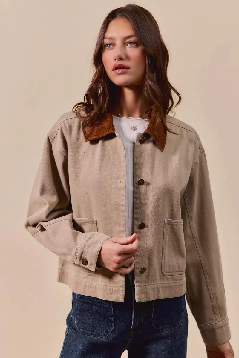 SO ME Cotton Twill Cropped Barn Jacket wtih Collar sold by Charming Charlie product image thumbnail 2