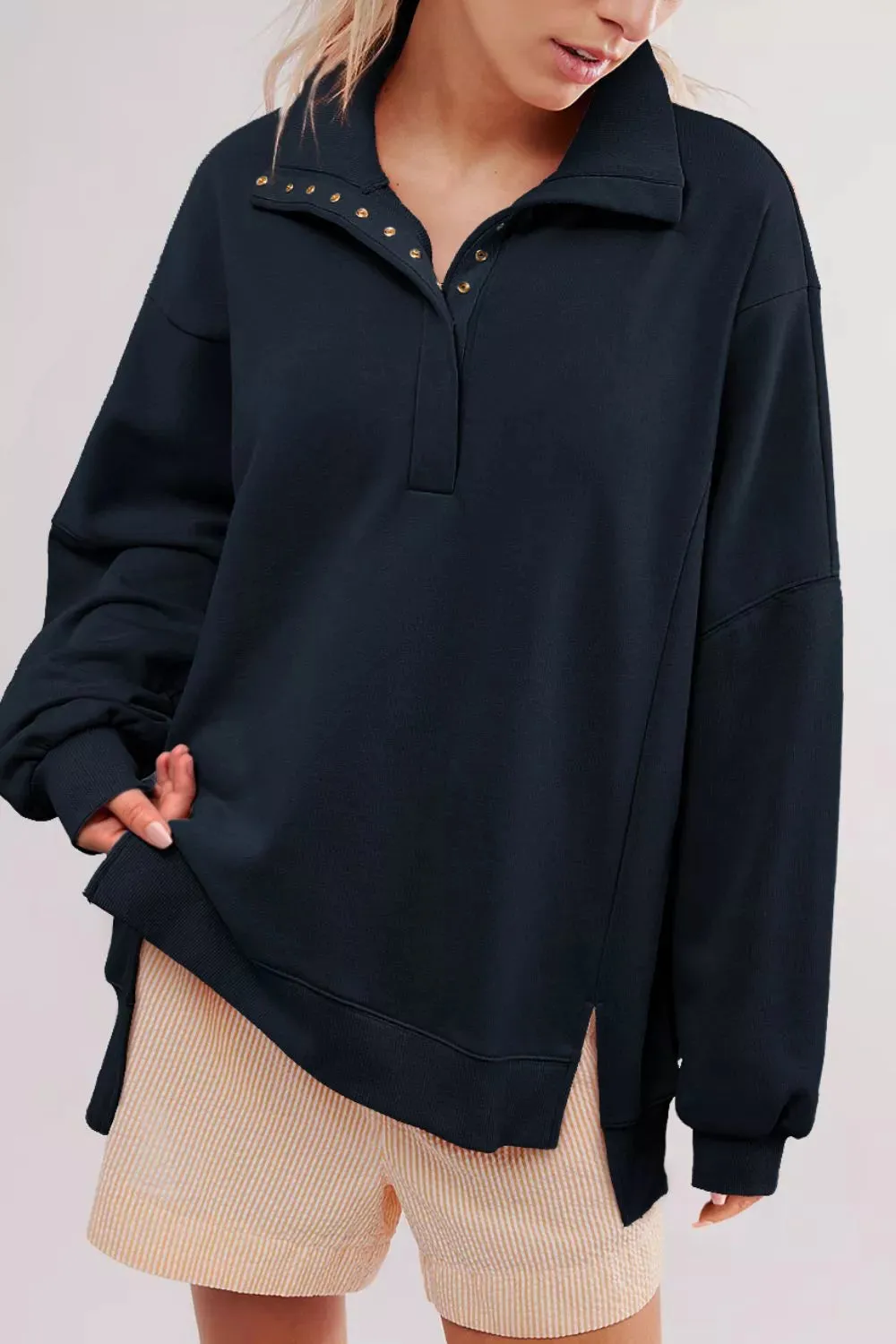 uttoned Collared Raw Detail High Low Baggy Sweatshirt with Slits sold by Charming Charlie product image thumbnail 5