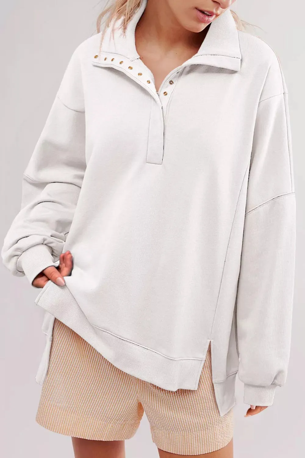 uttoned Collared Raw Detail High Low Baggy Sweatshirt with Slits sold by Charming Charlie product image thumbnail 3