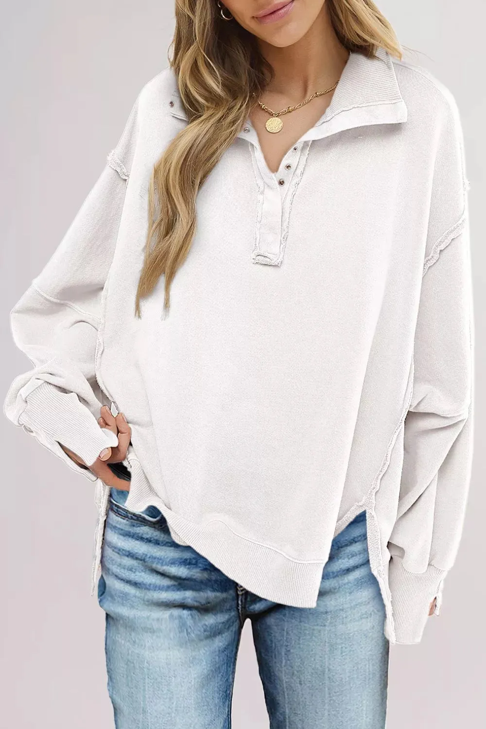 uttoned Collared Raw Detail High Low Baggy Sweatshirt with Slits sold by Charming Charlie