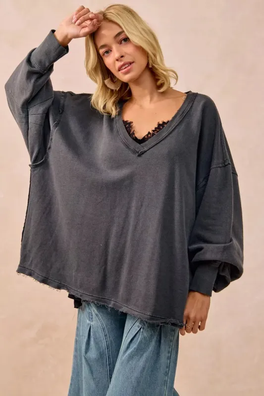BiBi Mineral Washed French Terry Oversized Sweatshirt sold by Charming Charlie