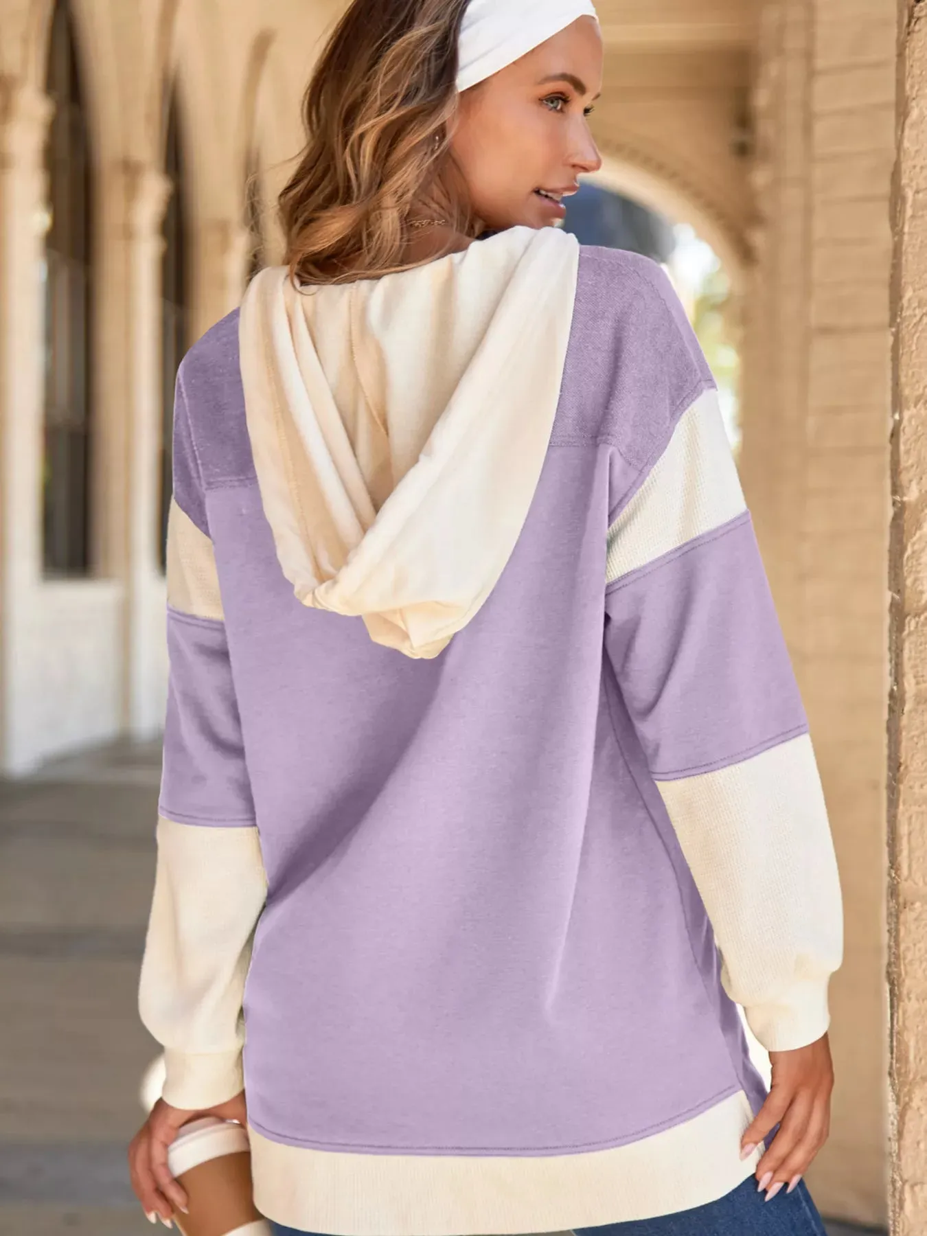 Waffle Contrast Knit Color Block Patchwork Button Front Oversize Hoodie sold by Charming Charlie product image thumbnail 2