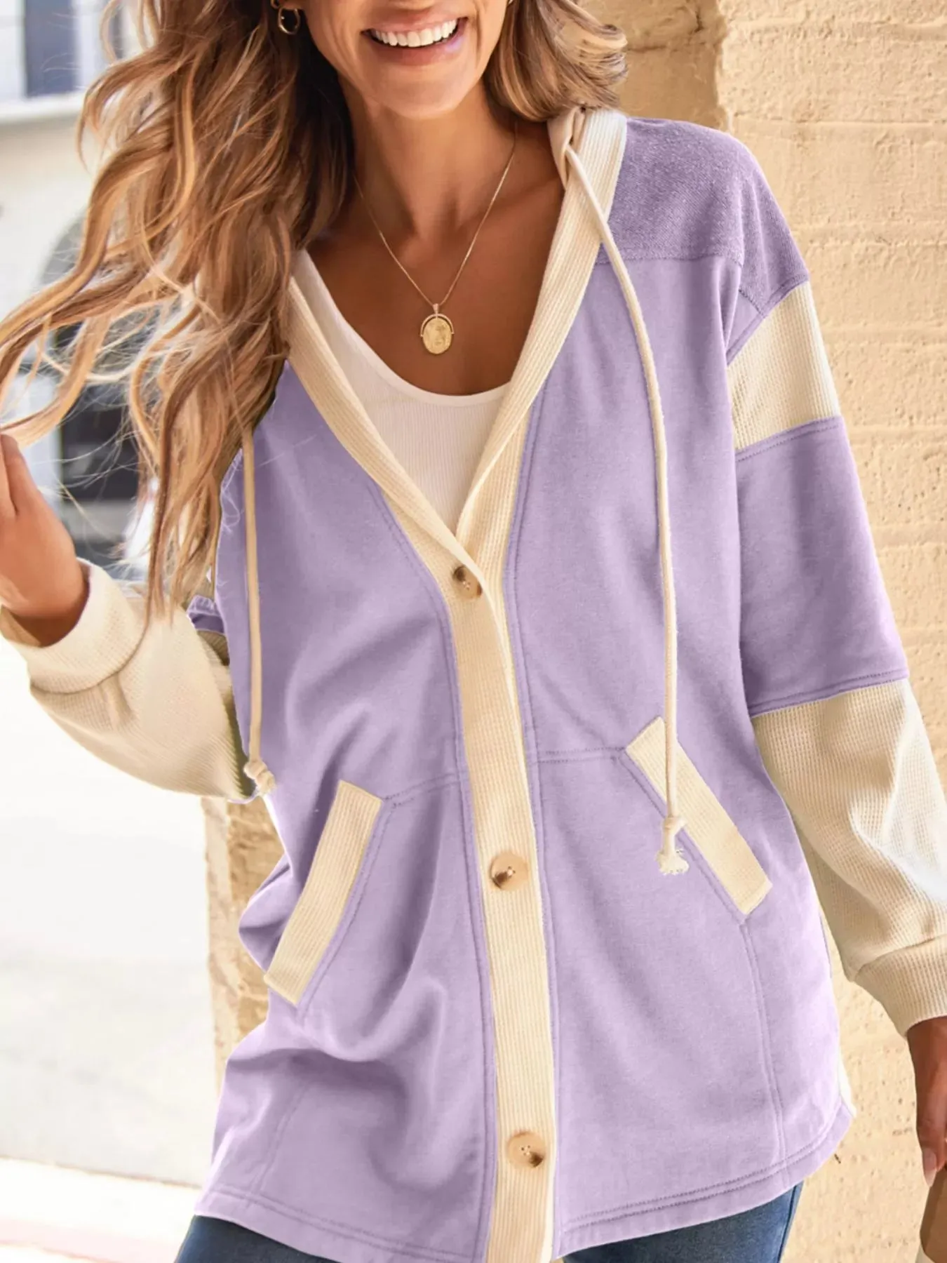 Waffle Contrast Knit Color Block Patchwork Button Front Oversize Hoodie sold by Charming Charlie product image thumbnail 3