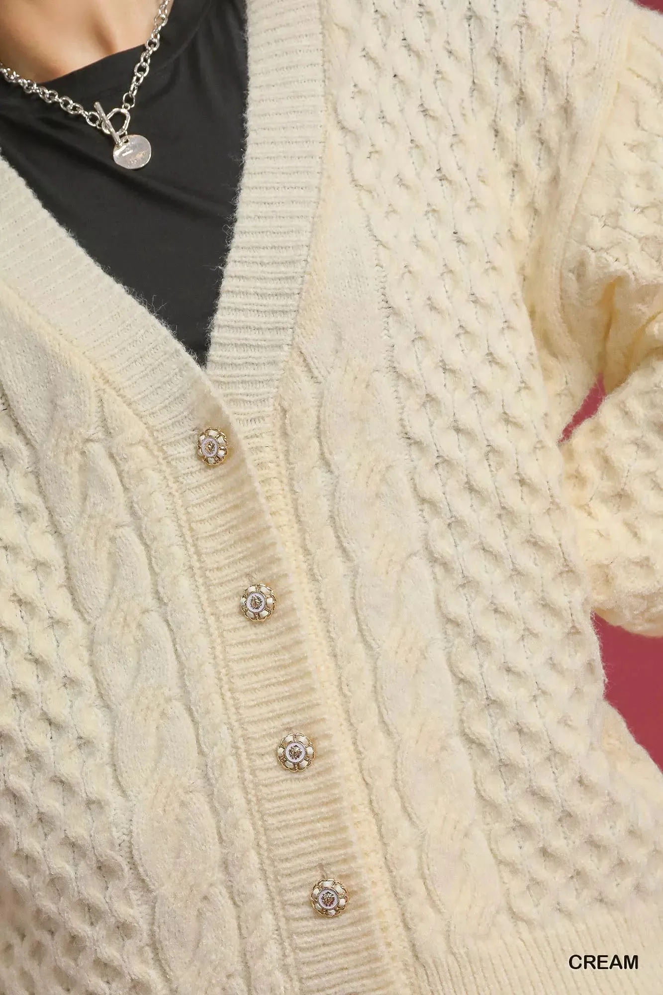 Umgee Cable Knit Pearl Button Cardigan sold by Charming Charlie product image thumbnail 5