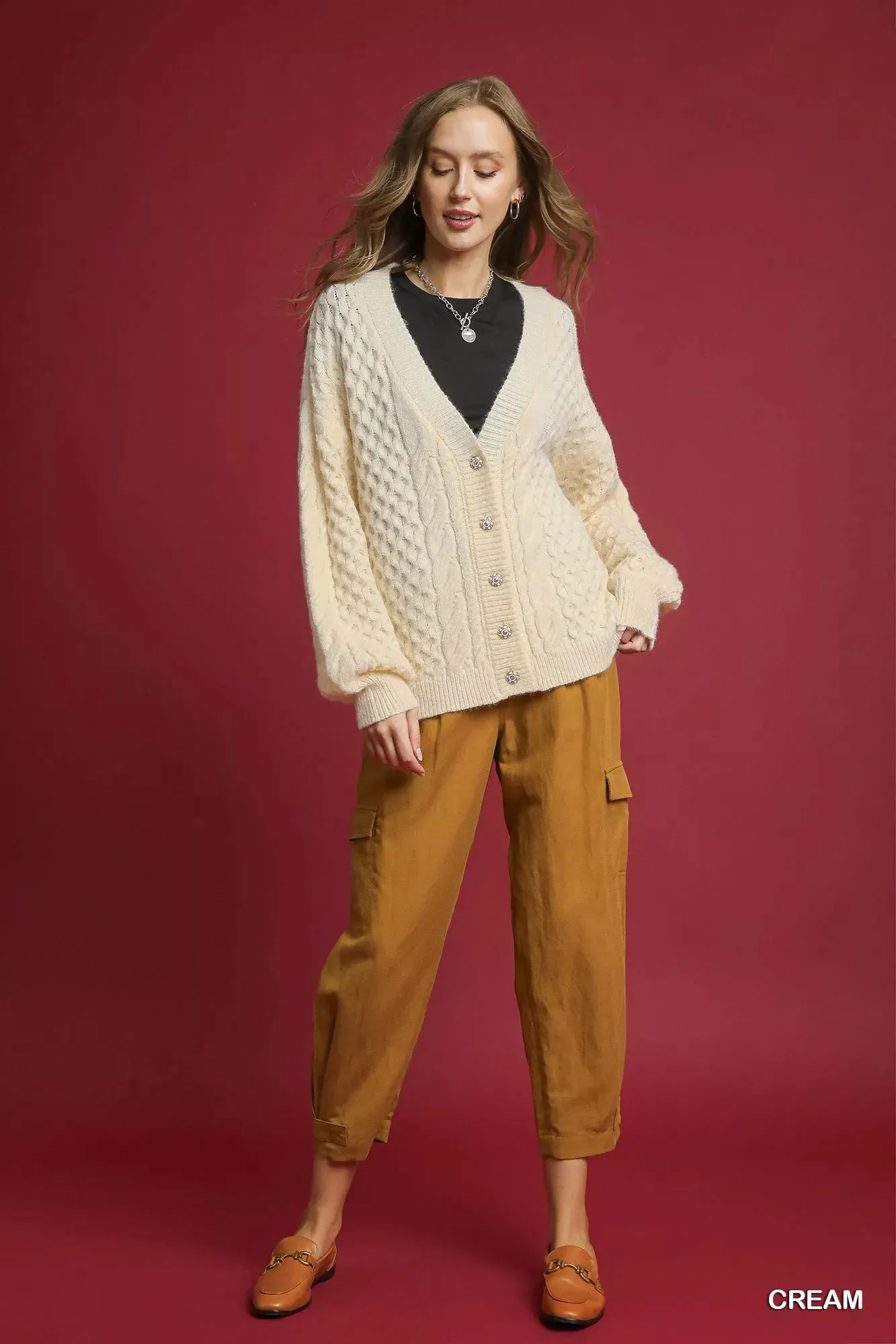 Umgee Cable Knit Pearl Button Cardigan sold by Charming Charlie product image thumbnail 2