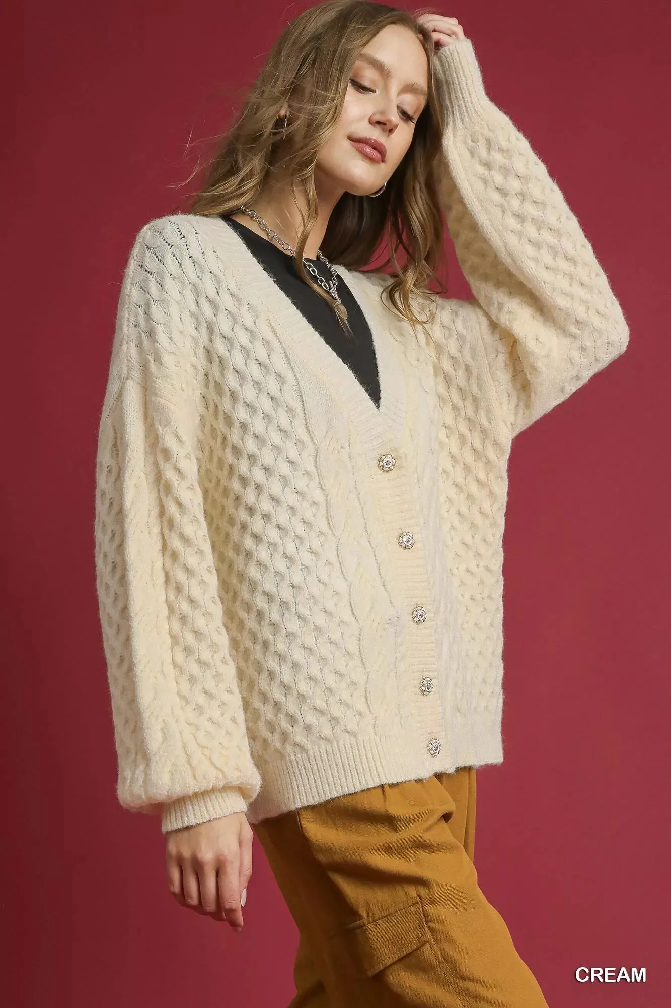 Umgee Cable Knit Pearl Button Cardigan sold by Charming Charlie product image thumbnail 3