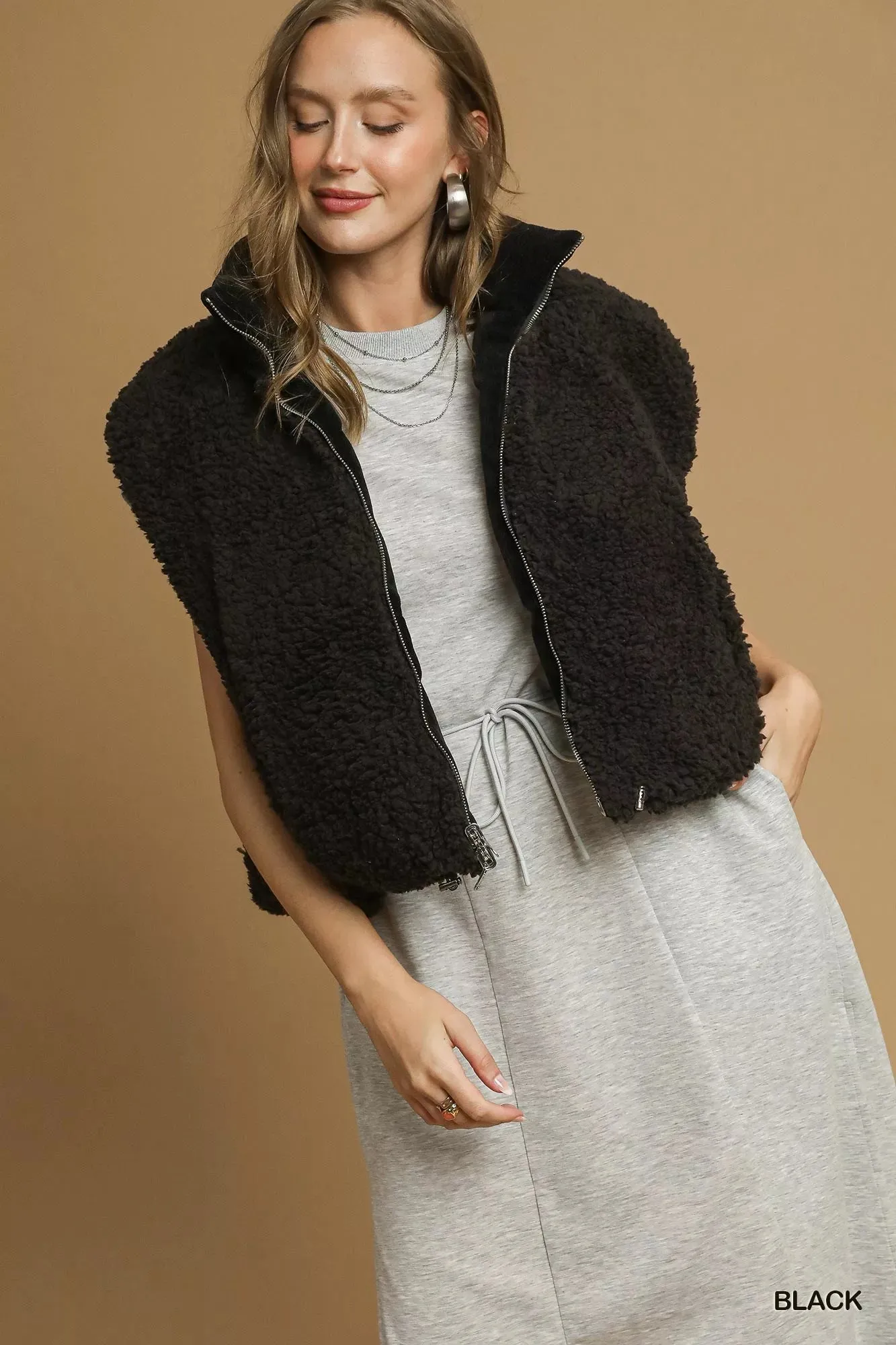 Umgee Sherpa-Lined Zip Vest with Drawstring Hem sold by Charming Charlie