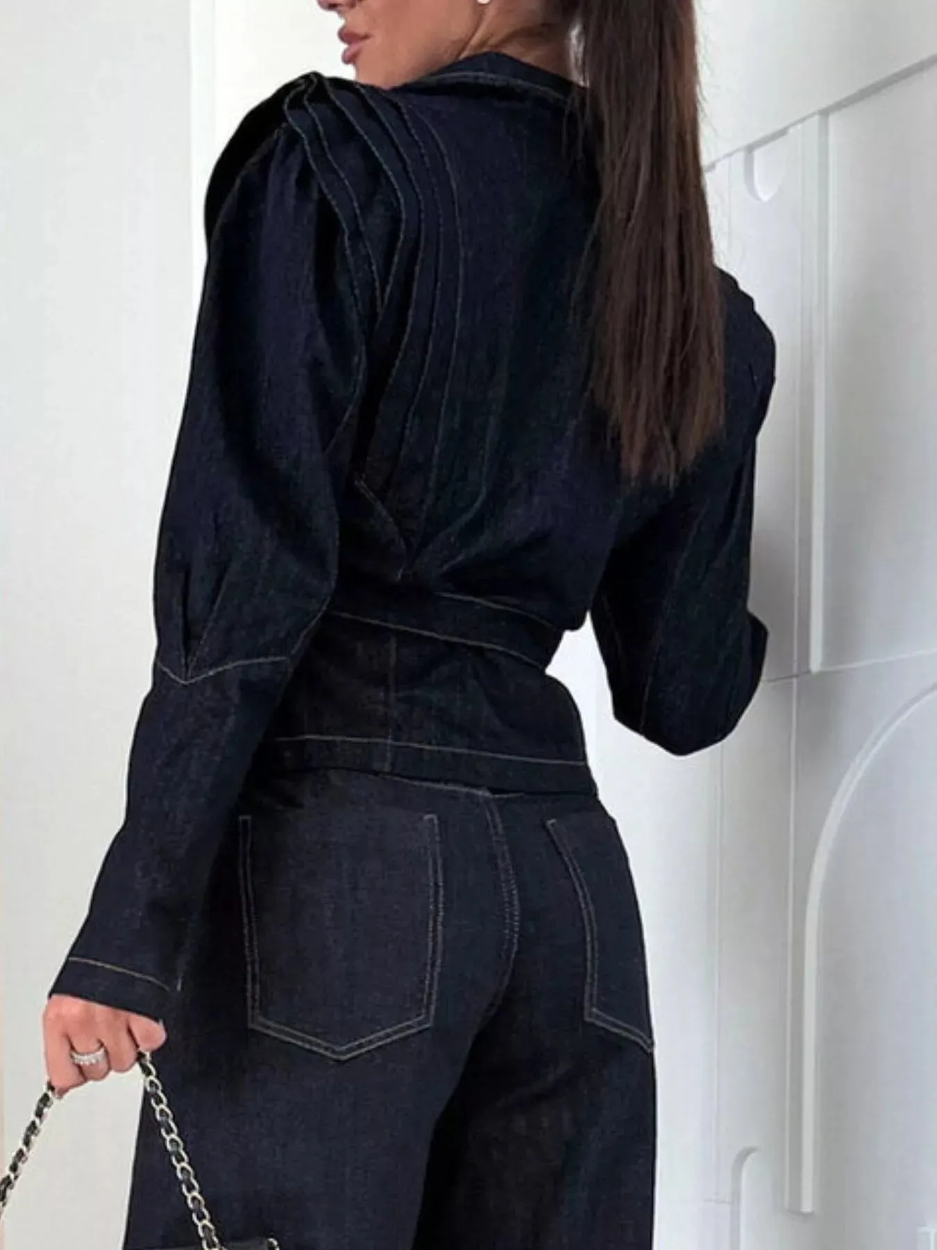 One Button Cropped Denim Jacket with Belted sold by Charming Charlie product image thumbnail 5