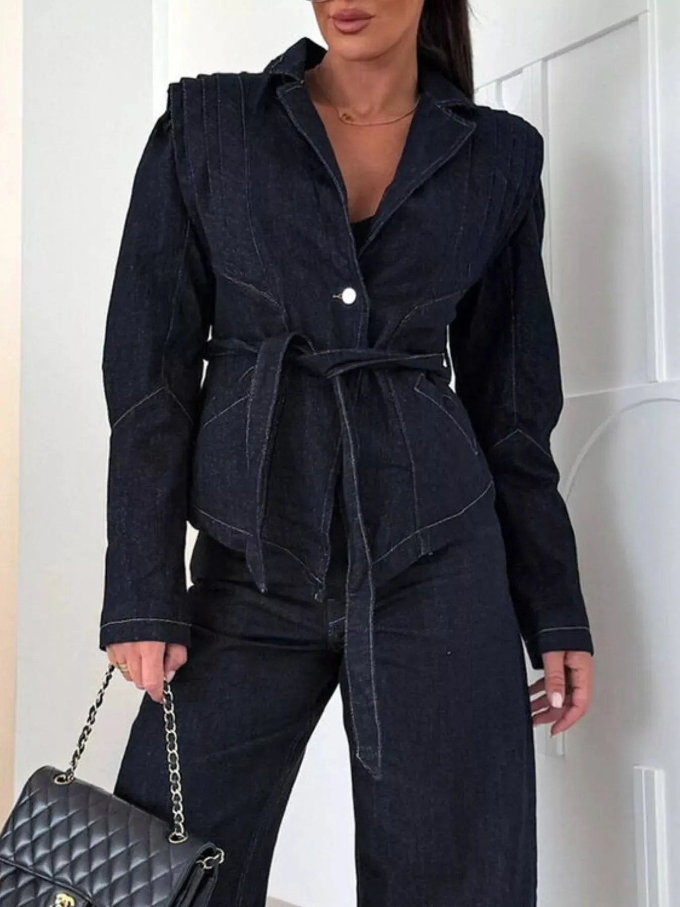 One Button Cropped Denim Jacket with Belted sold by Charming Charlie product image thumbnail 3