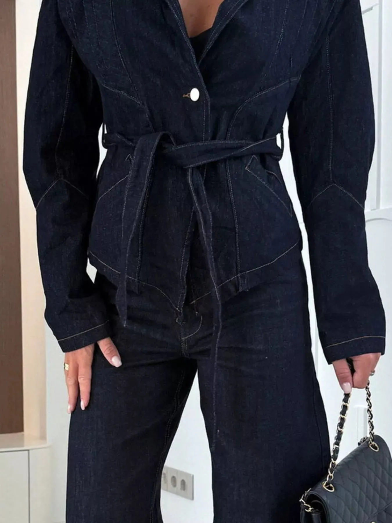 One Button Cropped Denim Jacket with Belted sold by Charming Charlie product image thumbnail 4