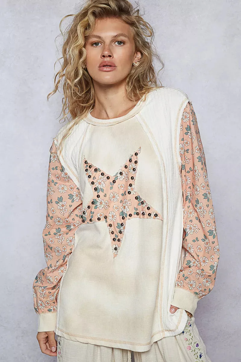 POL Exposed Seam Star Patch Thermal Top with Floral Sleeves sold by Charming Charlie product image thumbnail 2