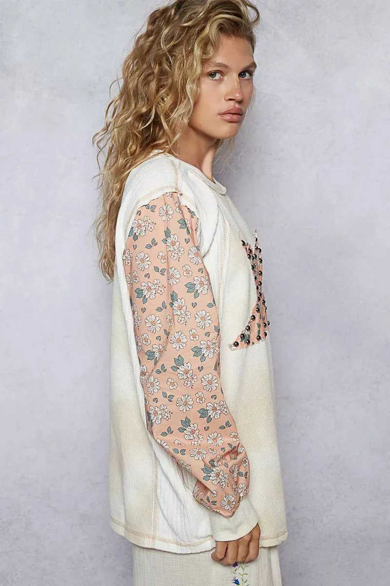 POL Exposed Seam Star Patch Thermal Top with Floral Sleeves sold by Charming Charlie product image thumbnail 3