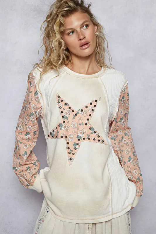 POL Exposed Seam Star Patch Thermal Top with Floral Sleeves sold by Charming Charlie