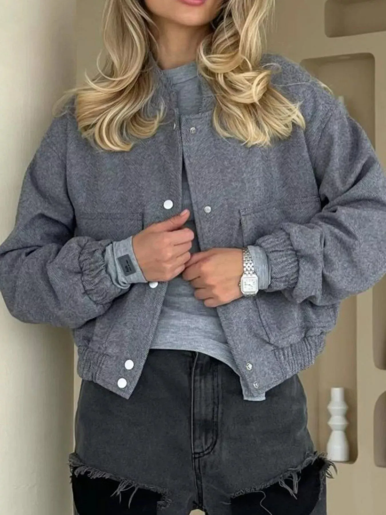 Casual Cropped Snap-Down Jacket sold by Charming Charlie product image thumbnail 4