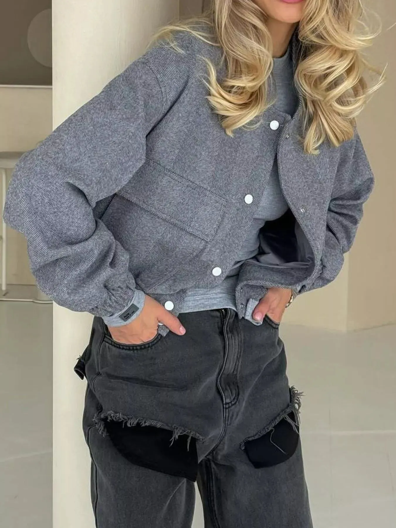 Casual Cropped Snap-Down Jacket sold by Charming Charlie product image thumbnail 5