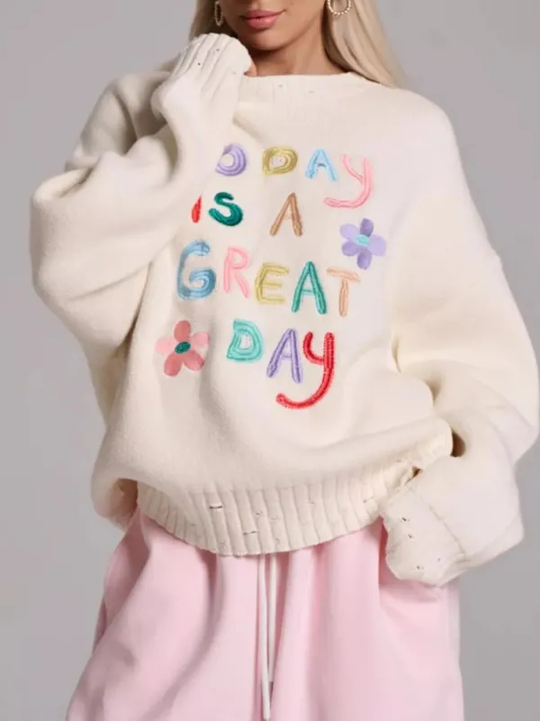 Embroidered 'Great Day' Dropped Shoulder Sweater sold by Charming Charlie