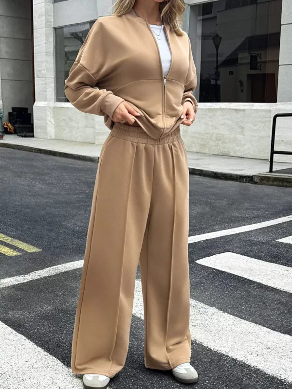 Zip Up Drop Shoulder Top and Pants Set sold by Charming Charlie