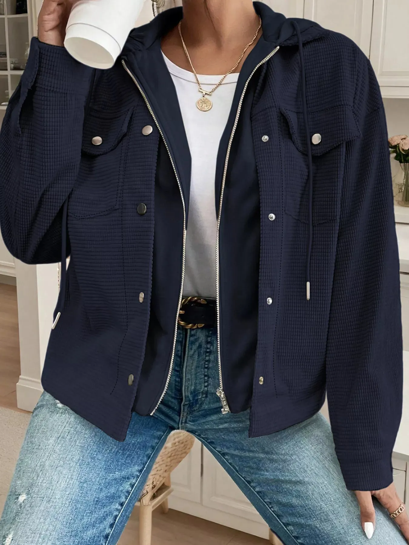 Hooded Waffle Knit Zip-Up Jacket sold by Charming Charlie product image thumbnail 2