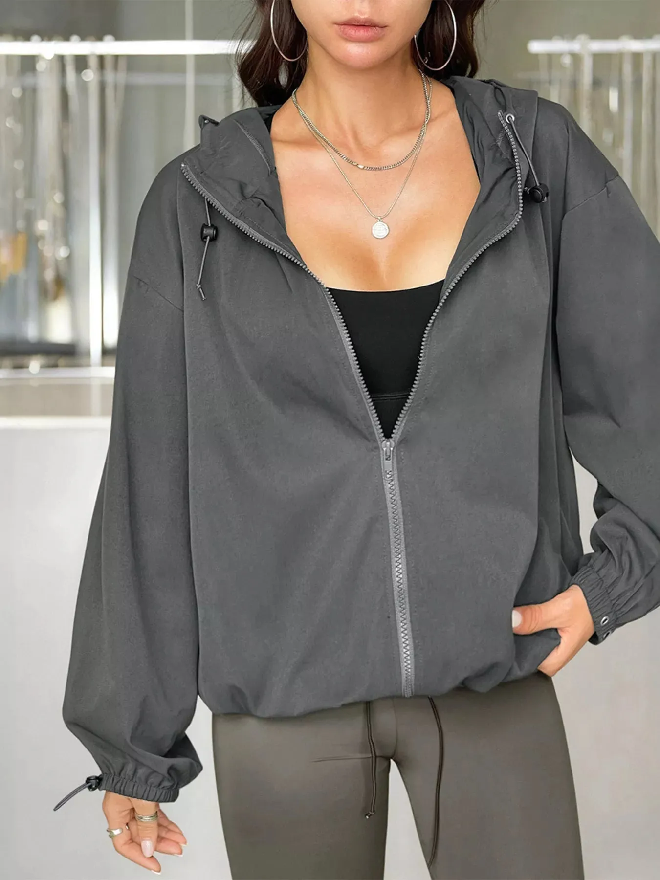 Drawstring Zip Up Hooded Jacket sold by Charming Charlie