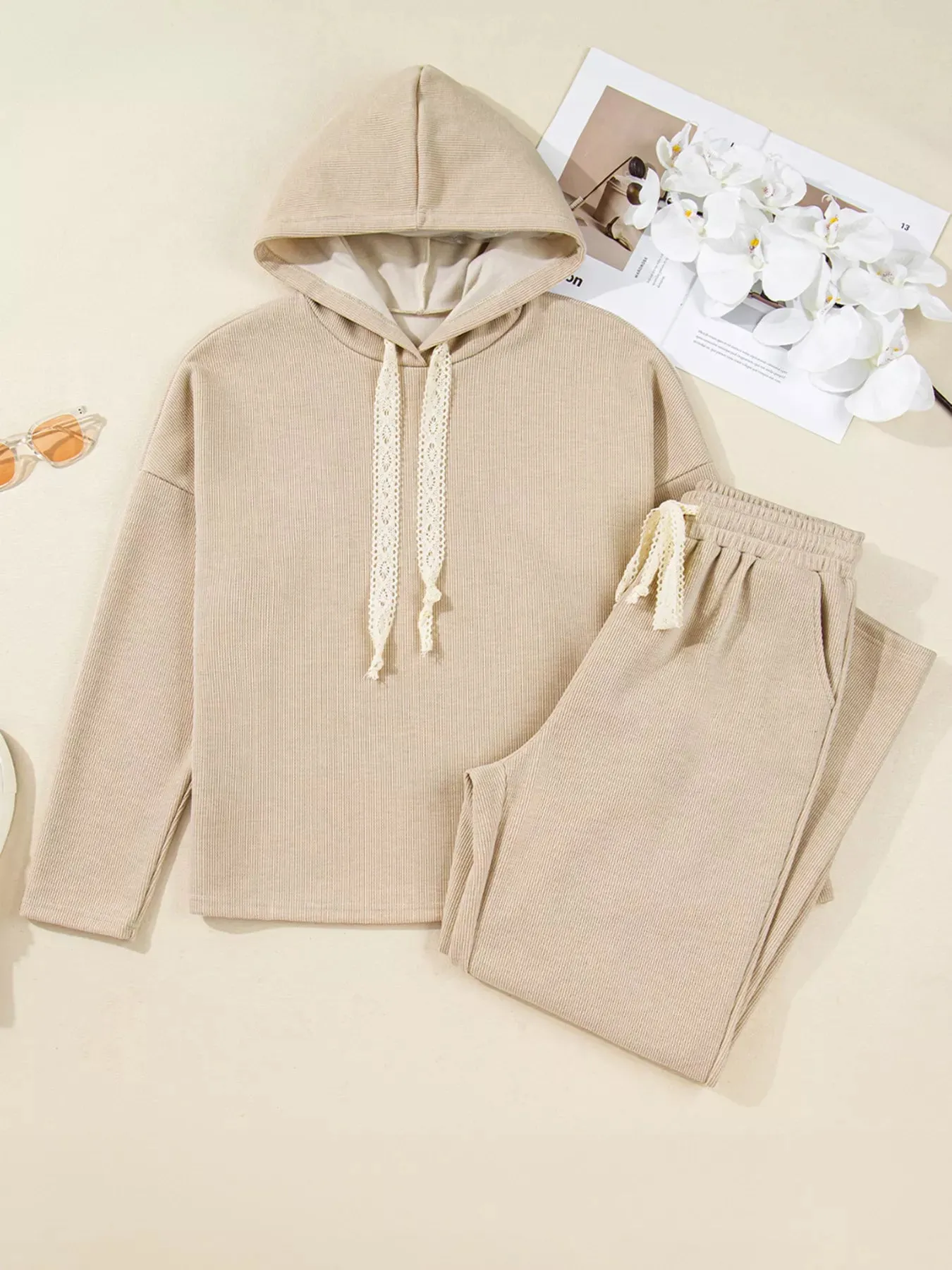 Lace Drawstring Hoodie and High Waist Pants Corduroy Suit sold by Charming Charlie product image thumbnail 2