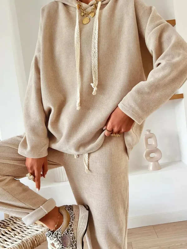 Lace Drawstring Hoodie and High Waist Pants Corduroy Suit made by Trendsi