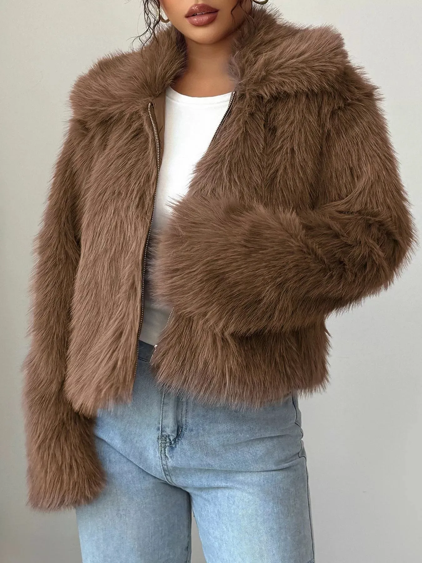 Fuzzy Zip Up Cropped Outerwear sold by Charming Charlie product image thumbnail 4