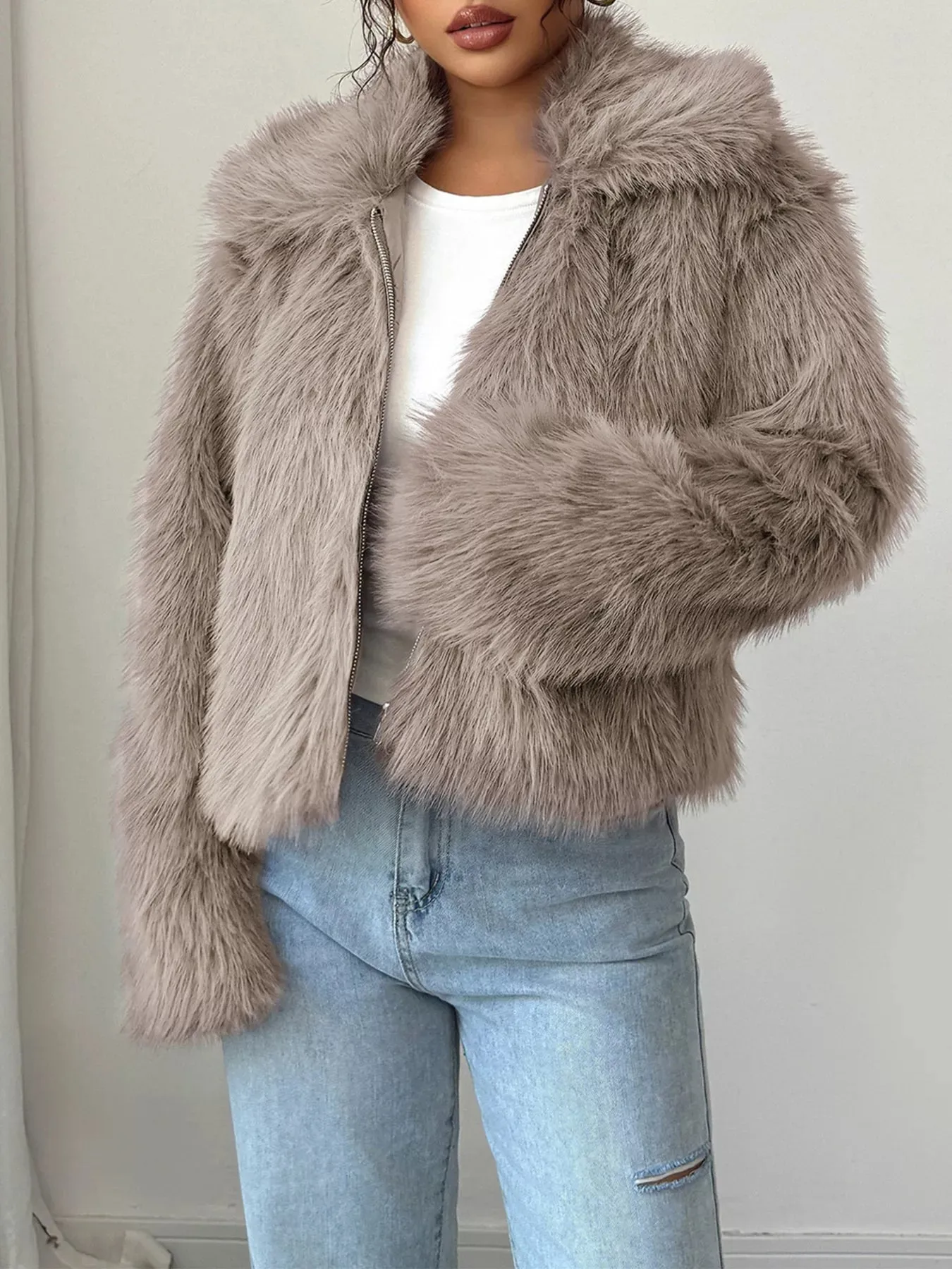 Fuzzy Zip Up Cropped Outerwear sold by Charming Charlie