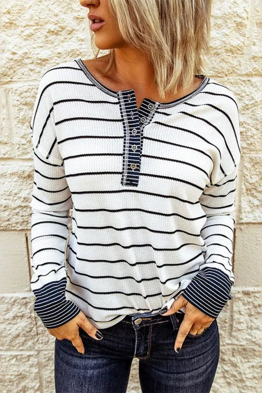 Stripe Waffle Knit Buttoned Henley Top sold by Charming Charlie