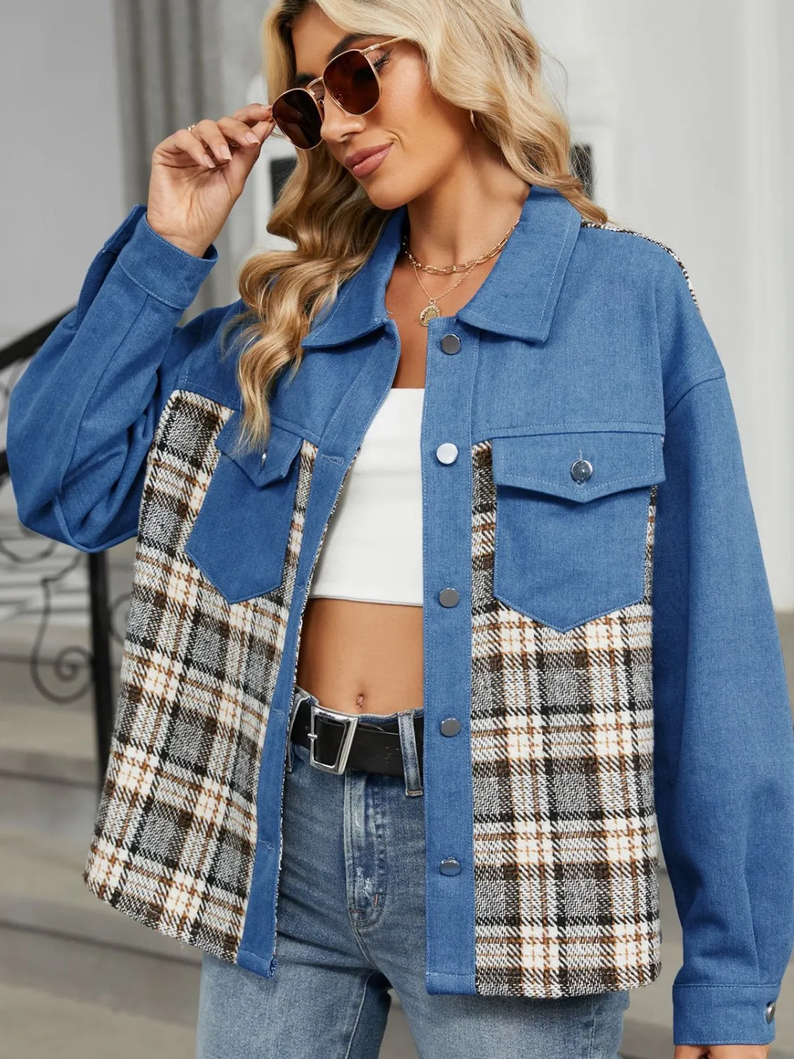 Plaid Button Up Long Sleeve Denim Jacket sold by Charming Charlie product image thumbnail 4