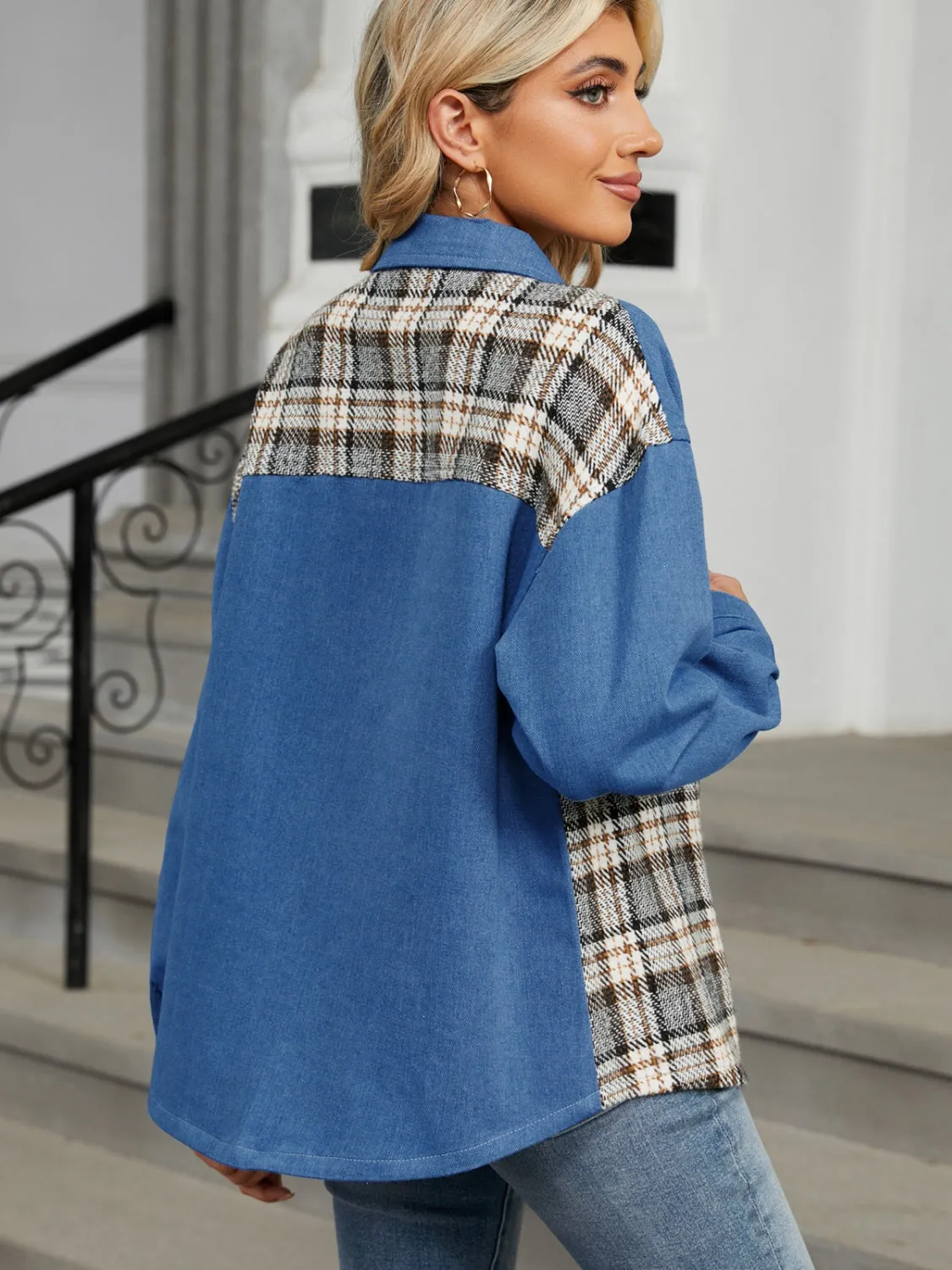 Plaid Button Up Long Sleeve Denim Jacket sold by Charming Charlie product image thumbnail 2