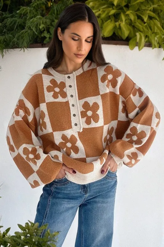 Flower Checker Henley Baggy Sweater sold by Charming Charlie