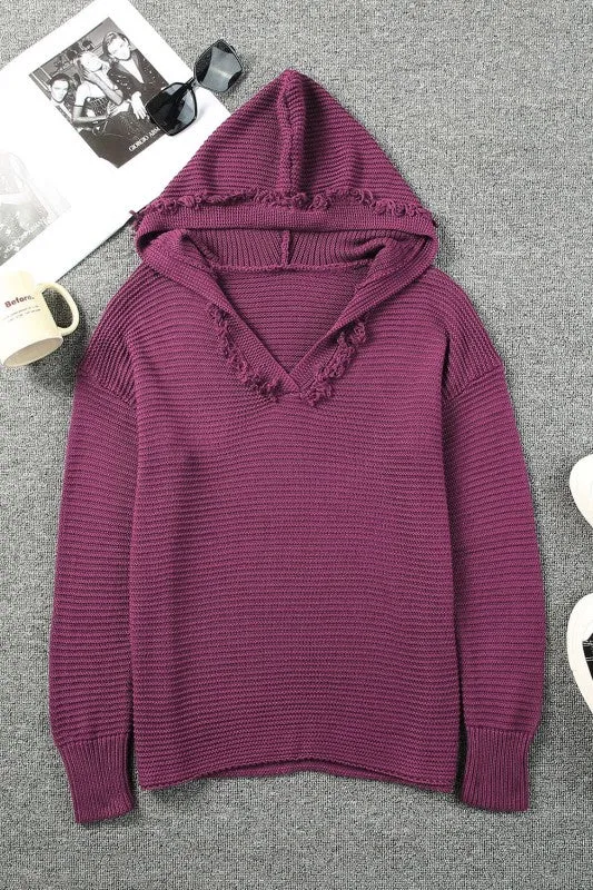 Solid Ribbed Drop Shoulder Hooded V-Neck Sweater sold by Charming Charlie product image thumbnail 3