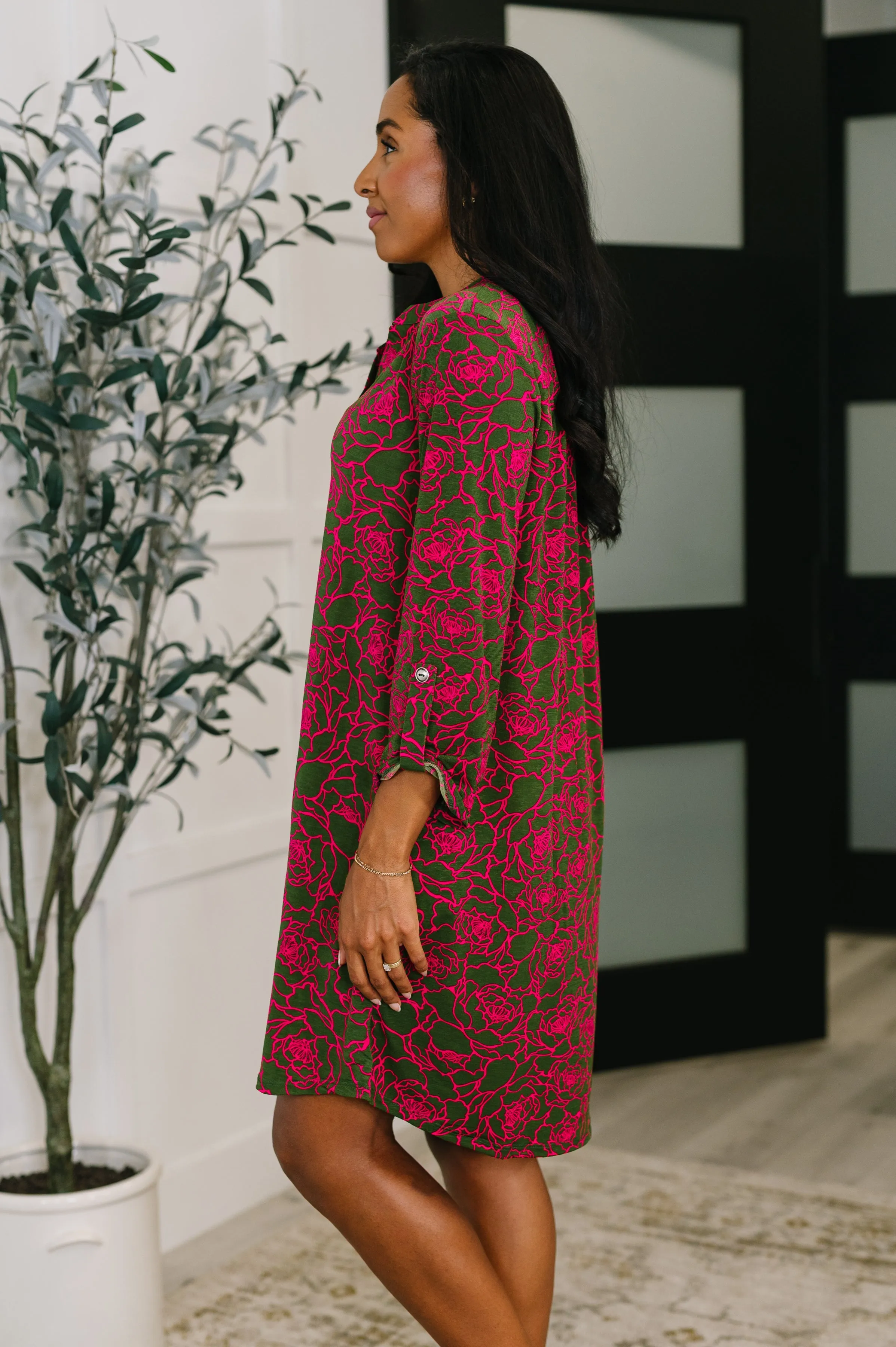 Lizzy Long Sleeve Dress in Pink and Olive Abstract Floral sold by Charming Charlie product image thumbnail 4