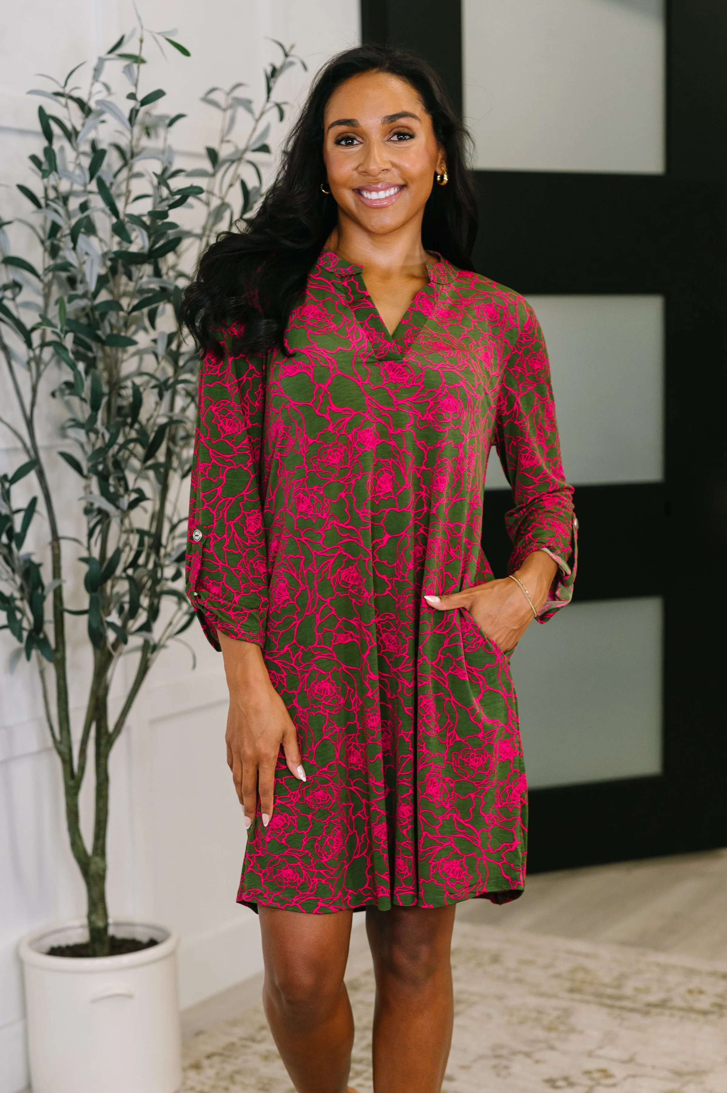 Lizzy Long Sleeve Dress in Pink and Olive Abstract Floral sold by Charming Charlie
