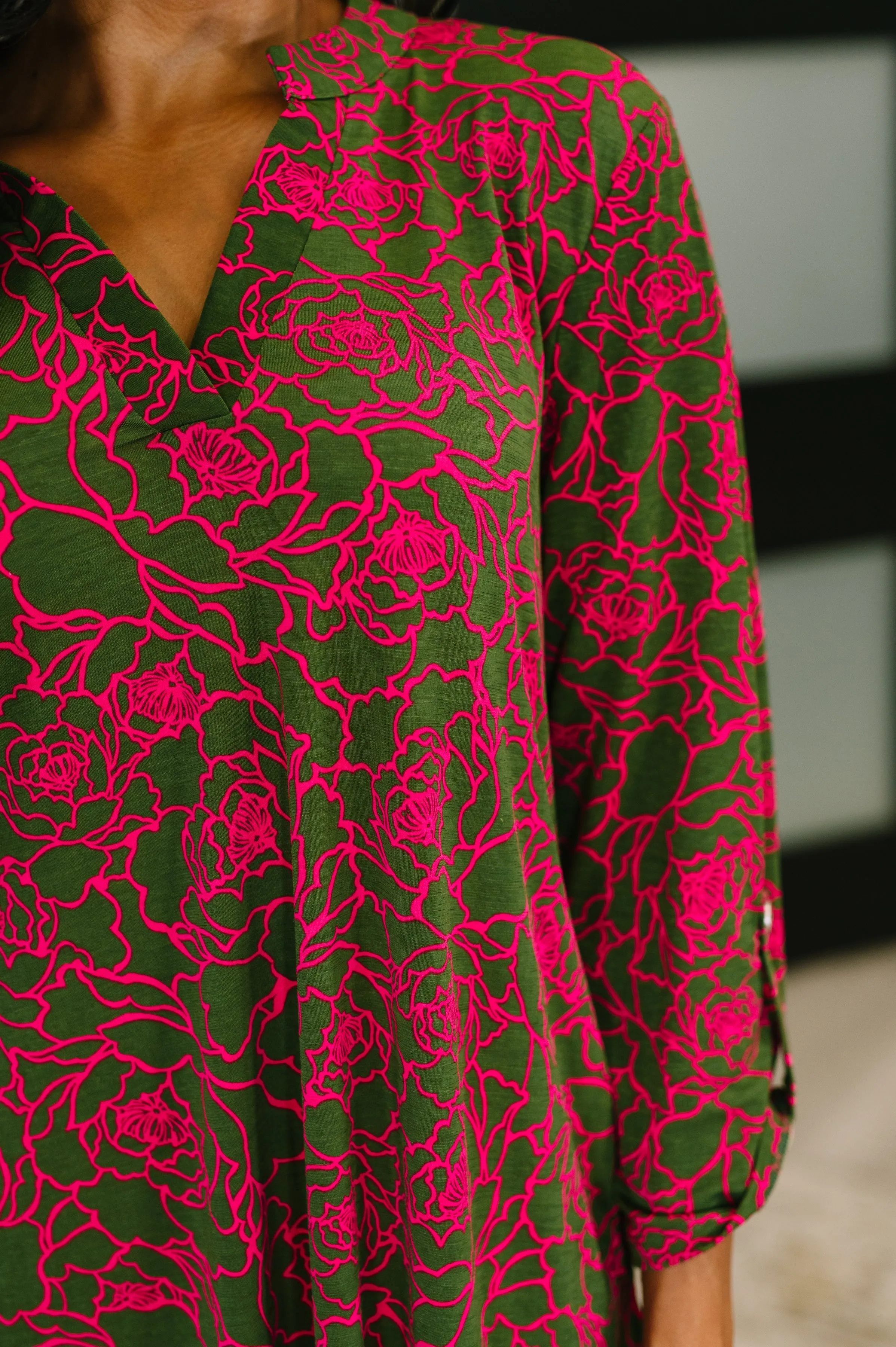 Lizzy Long Sleeve Dress in Pink and Olive Abstract Floral sold by Charming Charlie product image thumbnail 2