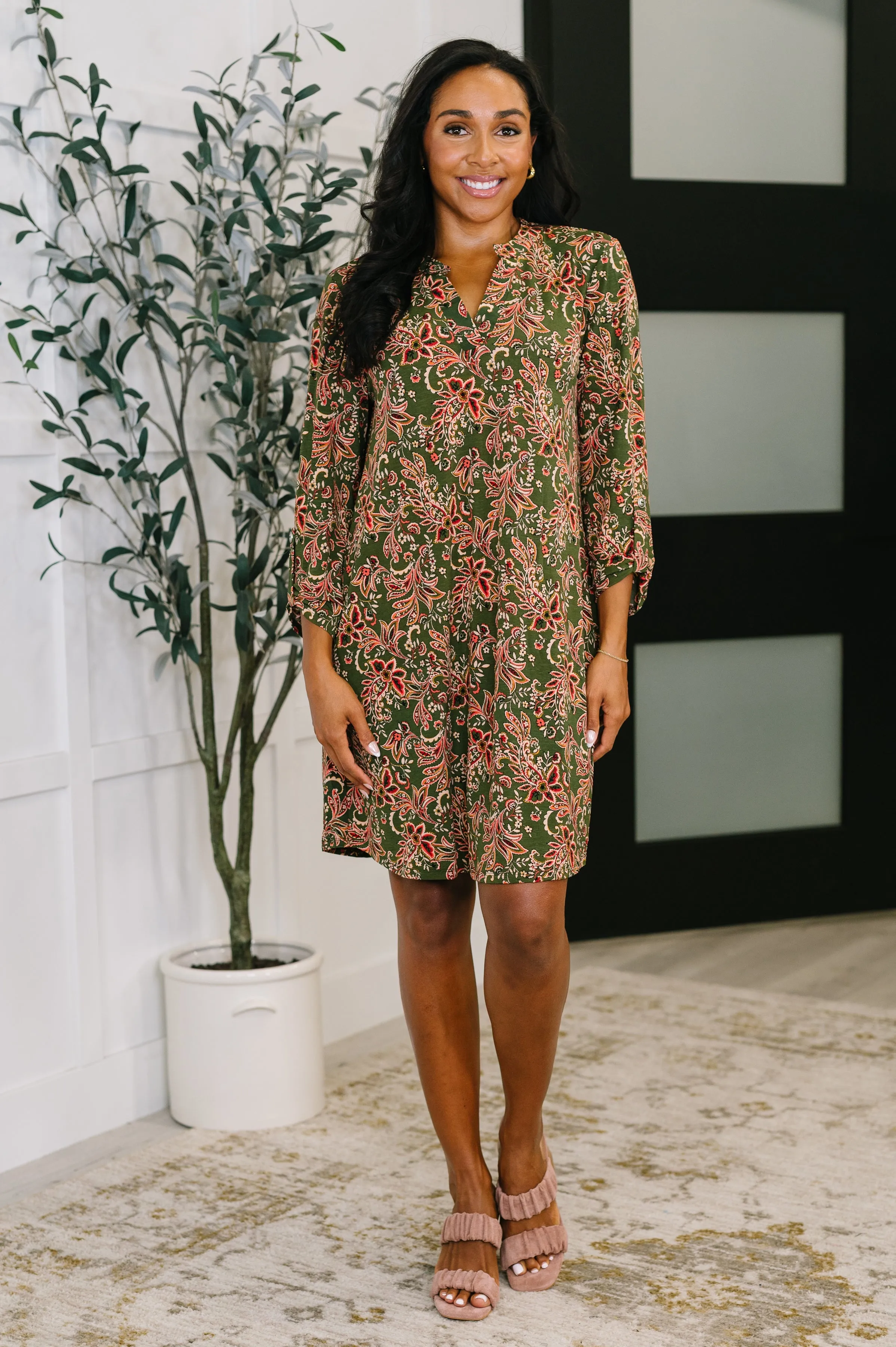 Lizzy Long Sleeve Dress in Olive Paisley sold by Charming Charlie product image thumbnail 3