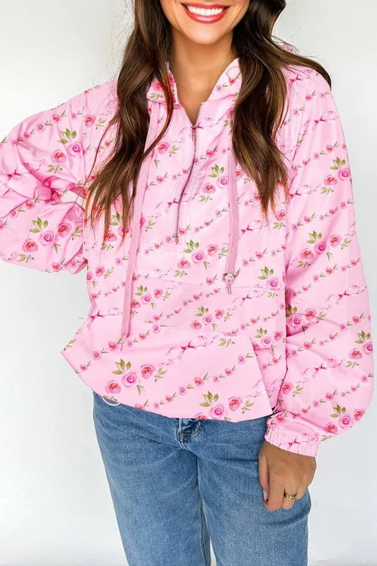 Floral Half Zip Kangaroo Pocket Drawstring Hoodie sold by Charming Charlie