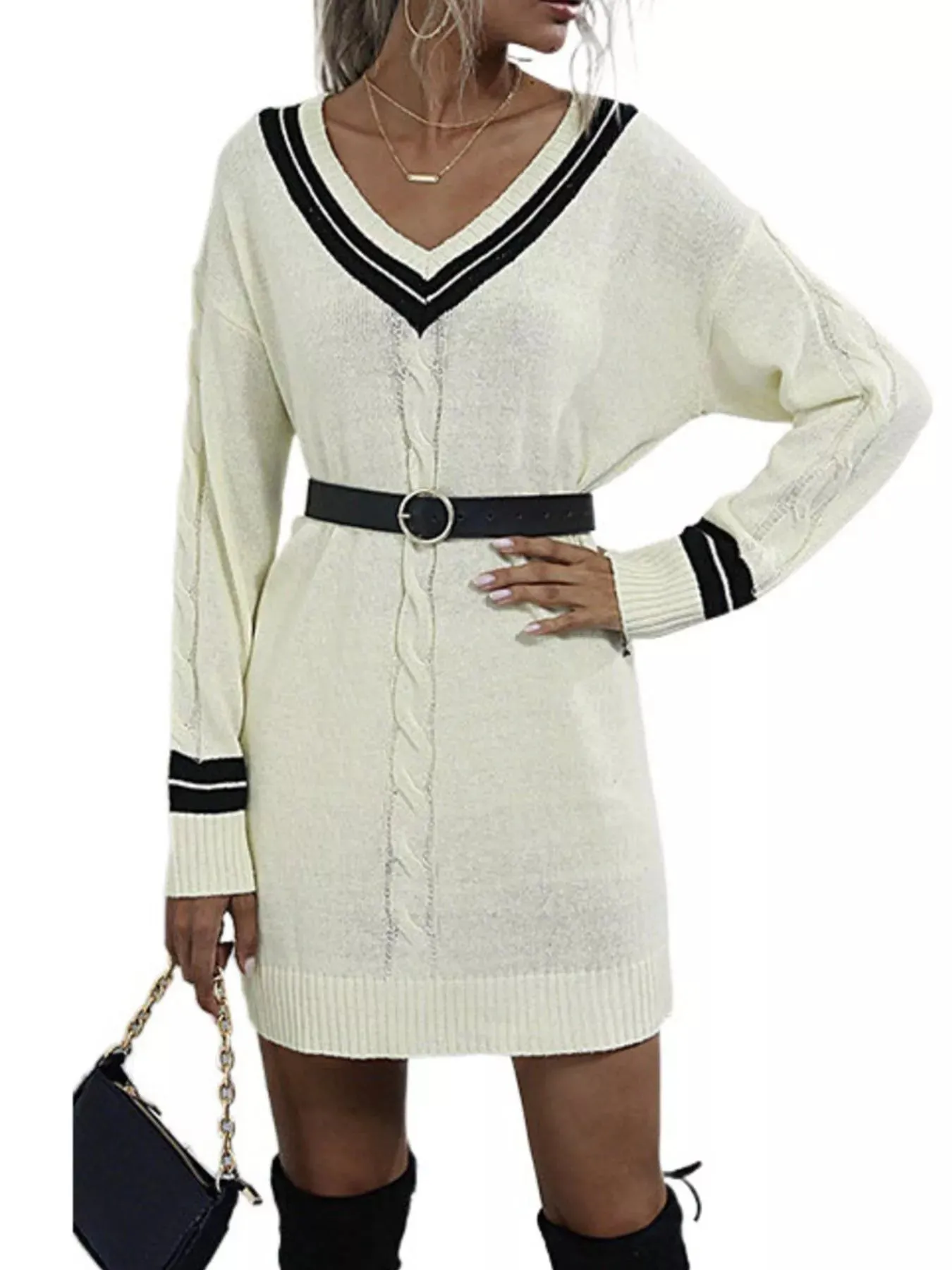 V-Neck Striped Trim Cable Knit Sweater Dress sold by Charming Charlie product image thumbnail 3