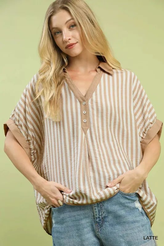 Umgee Stripe Collared Oversized Top sold by Charming Charlie