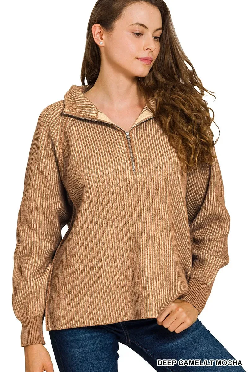 Zenana Ribbed Two Tone Half Zip Sweater sold by Charming Charlie