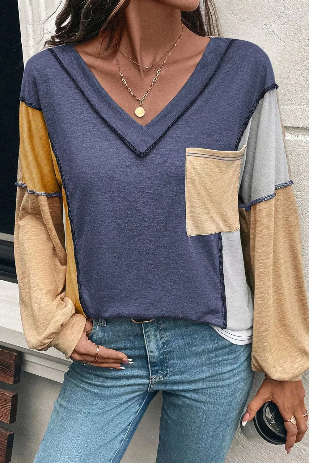 Color Block V-Neck Long Sleeve T-Shirt sold by Charming Charlie product image thumbnail 3