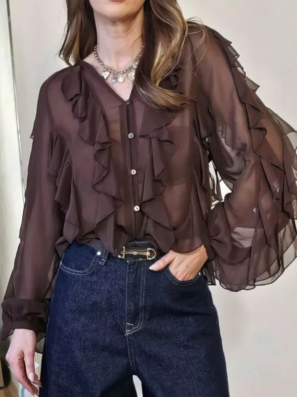 Ruffled Sheer Long Sleeve Blouse sold by Charming Charlie