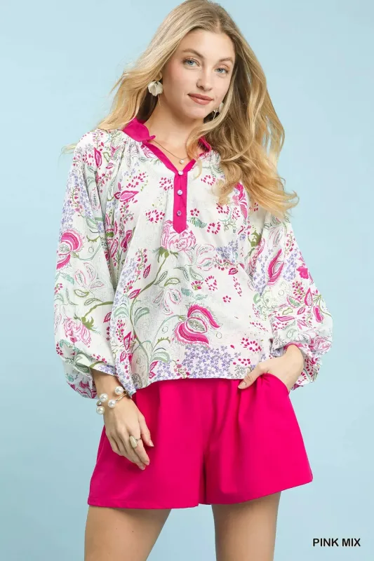 Umgee Paisley Floral Contrast Trim Blouse made by Trendsi