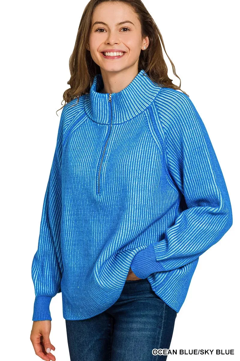 Zenana Ribbed Two Tone Half Zip Sweater sold by Charming Charlie product image thumbnail 2