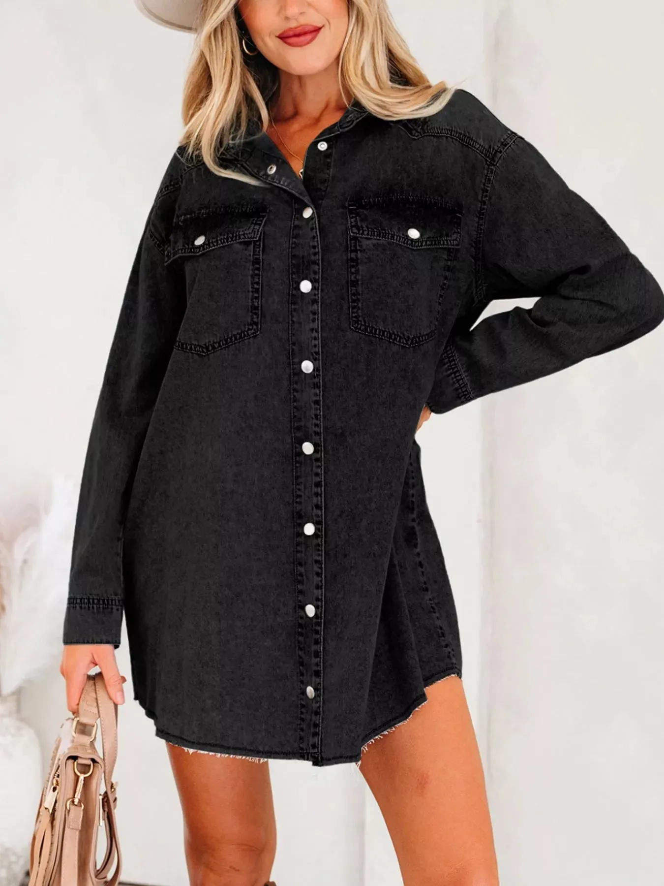Chest Pocket Raw Hem Denim Loose Shirt Dress sold by Charming Charlie product image thumbnail 3
