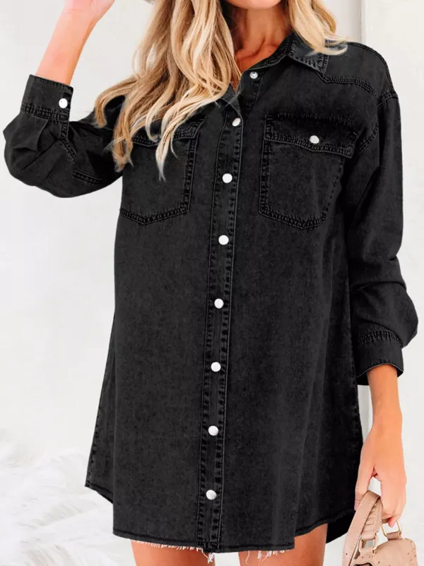 Chest Pocket Raw Hem Denim Loose Shirt Dress sold by Charming Charlie