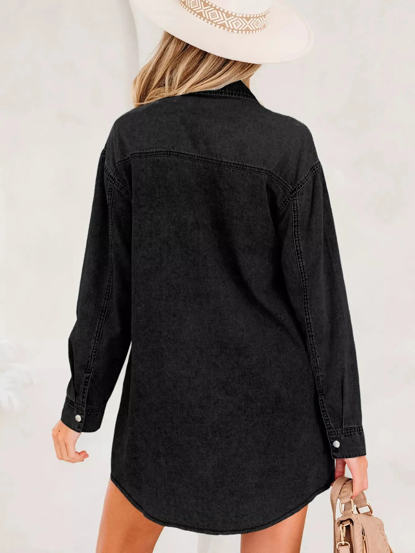 Chest Pocket Raw Hem Denim Loose Shirt Dress sold by Charming Charlie product image thumbnail 2