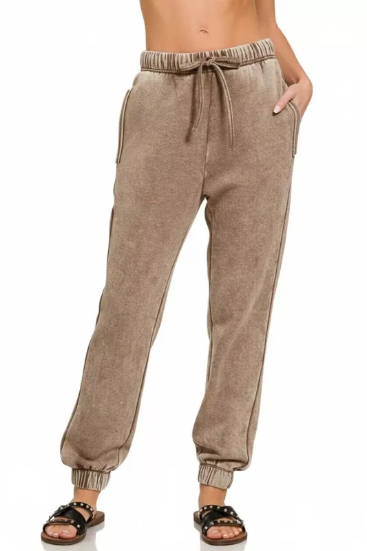 Zenana Acid Wash Fleece Sweatpants with Pockets sold by Charming Charlie